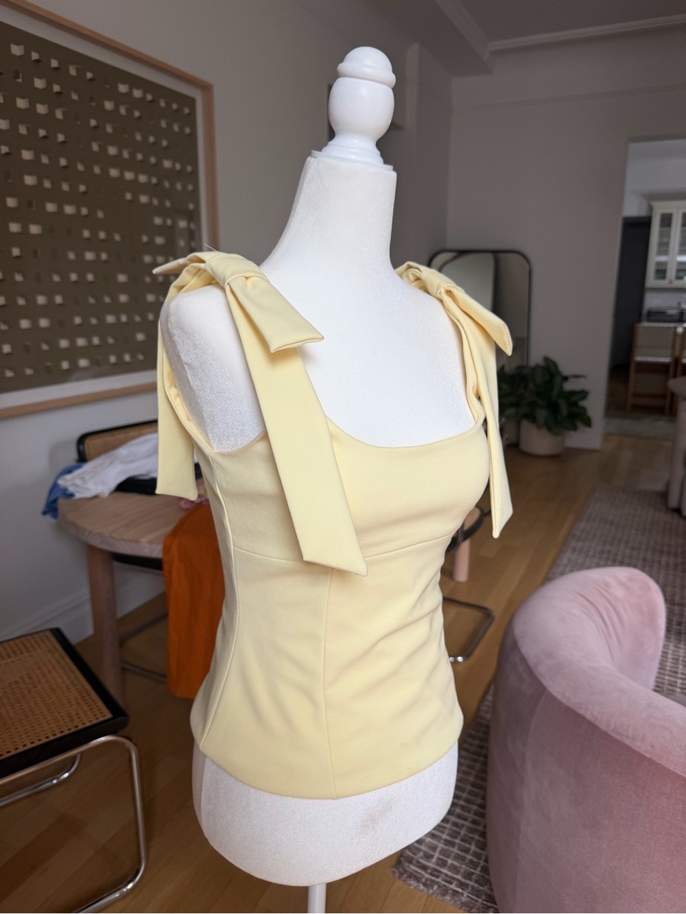 Zara Pale Yellow Tie-Shoulder Square Neck Tank